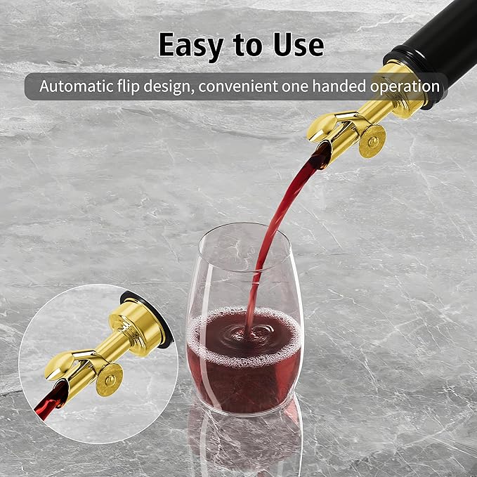 Auto Flip Liquor Pour Spouts 2-Pack, Leak-Proof 304 Stainless Steel Wine Pourer & Olive Oil Dispenser with Food-Grade Silicone for Kitchen, Bar, Restaurant (Gold)