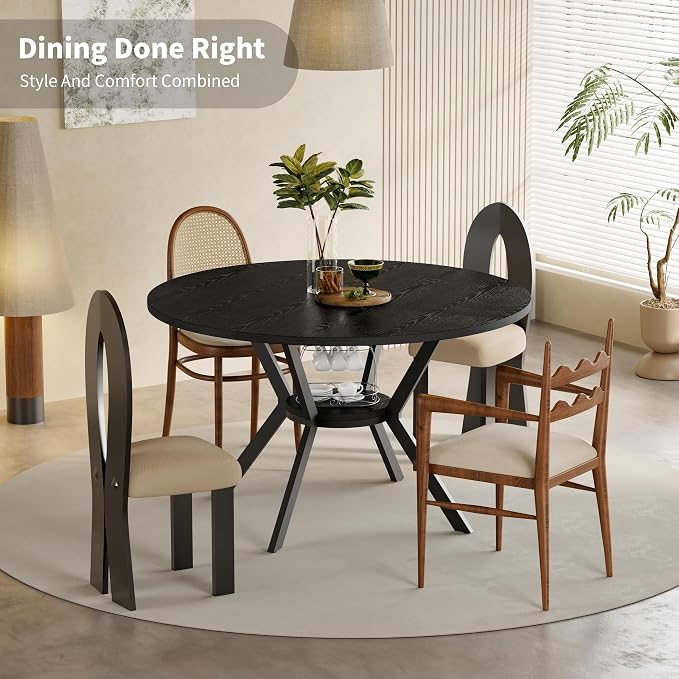 Black Dining Table for 2-4, 42 Inch Round Kitchen Table with Storage, Wooden Circle Dinner Table with Metal Legs, Rustic Mid Century Modern Dining Room Tables for Kitchen, Living Room, Dining Room - Image 7