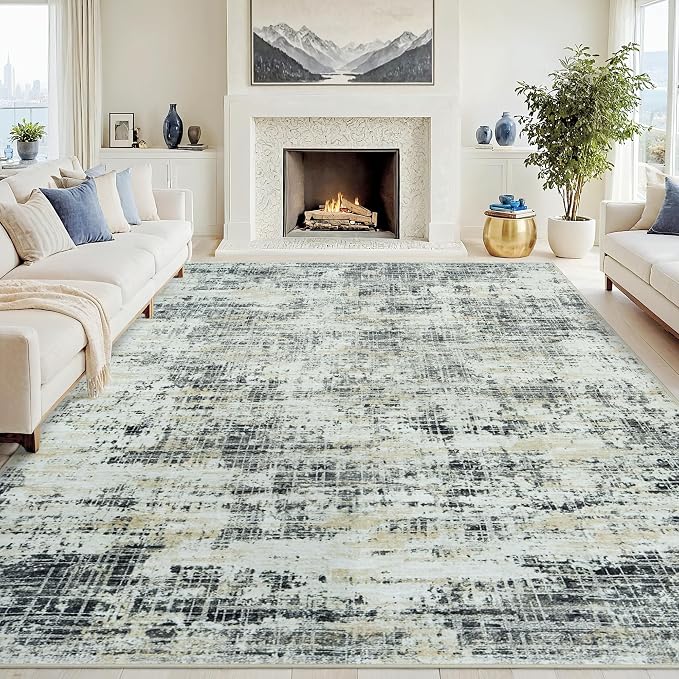 8x10 Washable Area Rug for Living Room Bedroom: Non-Slip Modern Black Gray | Machine Washable TPR Backing, Stain-Resistant Low Pile, Pet & Kid Friendly, Abstract Decor for Dining Room, Dorm, Home Office by Oriannal