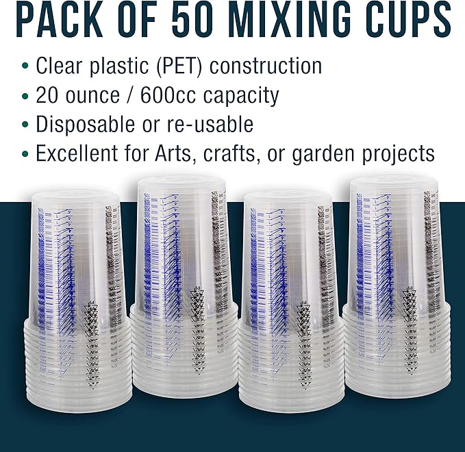 TCP Global 20 Ounce (600ml) Disposable Flexible Clear Graduated Plastic Mixing Cups - Box of 50 Cups - Use for Paint, Resin, Epoxy, Art, Kitchen, Cooking, Baking - Measuring Ratios 2-1, 3-1, 4-1, ML