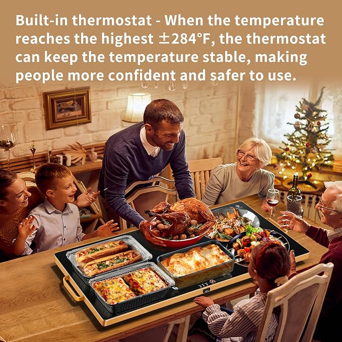 Warming Trays for Buffets Party, 32"x18", Tempered Glass Food Warmer, Black | Keep Food Warm, Gold Handles Food Warming Mat for Daily Use, With Thermostat, Button Temperature Control, Full Surface Warm - Image 6