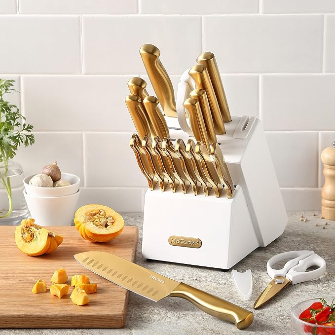 McCook® Kitchen Knife Sets, Golden Titanium Stainless Steel Knives Block Set with Built-in Sharpener, 20 Piece Knives, Restaurant Grade Sharp, Elegant Gold & Stylish Wooden Block for Modern Culinary | German Forged Stainless Steel,20 PC,Razor Sharp,Ant... - Image 6