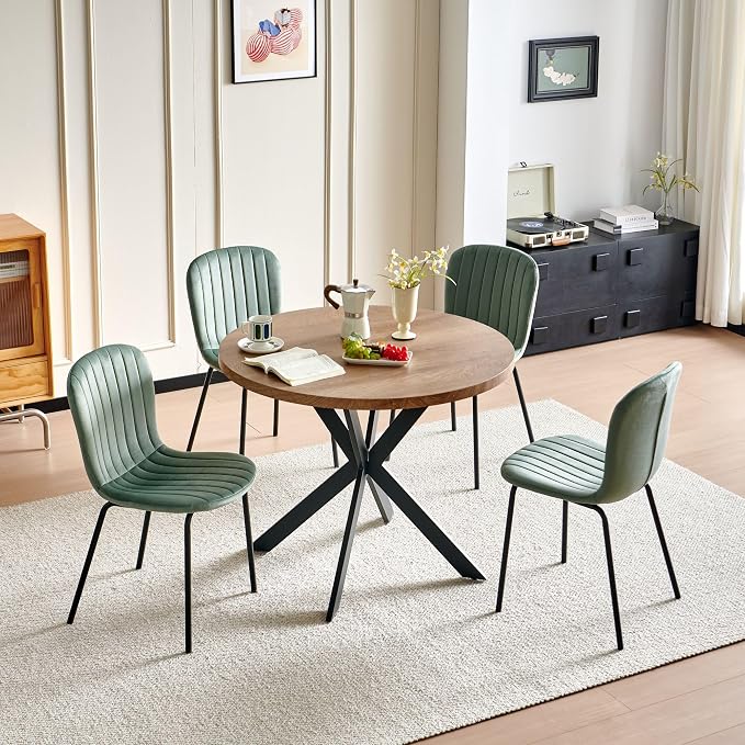 37 Inch Round Dining Table Set for 4, Modern Small Circle Kitchen Coffee Set for Apartment Living Room Office, Save Space(1 Imitation Wooden Table + 4 Green Velvet Chairs) - Image 7
