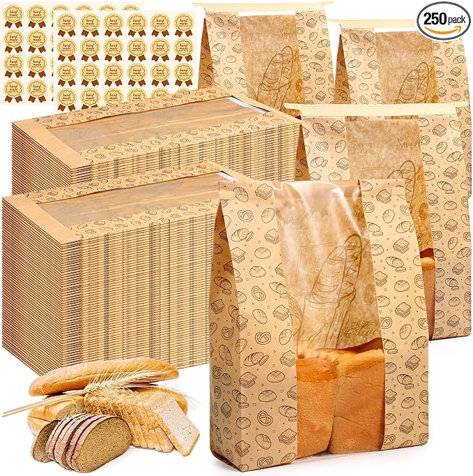 Feifeiya 250 Pack Kraft Paper Bread Bags for Homemade Sourdough Bread Bag with Clear Window 13.7 x 8.2 x 3.5 Large Bakery Packaging for Treat Storage Gift Giving with Seal Sticker by Feifeiya