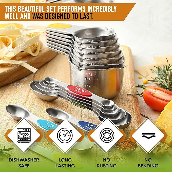 Spring Chef 15 Magnetic Measuring Cups & Spoons Set, Patented, Multicolor | Stackable Stainless Steel Measuring Cups & Heavy Duty Metal Measuring Spoons with Levelers for Dry & Liquid Ingredients - Image 2