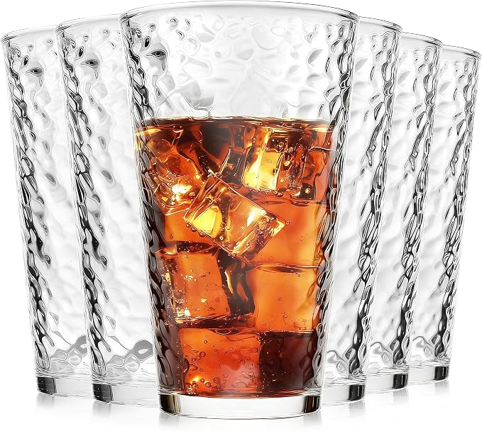 ALINK 16 oz Drinking Glasses, Set of 6 Hammered Glass Cups, Clear Heavy Base Stemmed Highball Water Glasses for Beer, Iced Coffee Cups, Cocktail Glasses, Wine, Iced Tea, Dishwasher Safe by ALINK