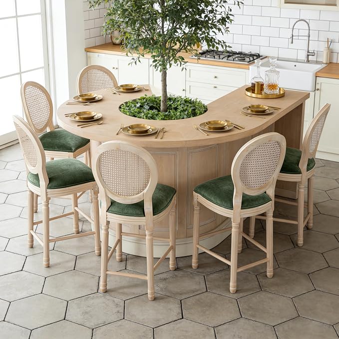 French Country Barstool, Linen Farmhouse Counter Height Chair | Set of 6, with Rattan Round Back and Solid Wood Legs, Oval Chairs for Restaurant, Bar, Kitchen, Café, Green - Image 2