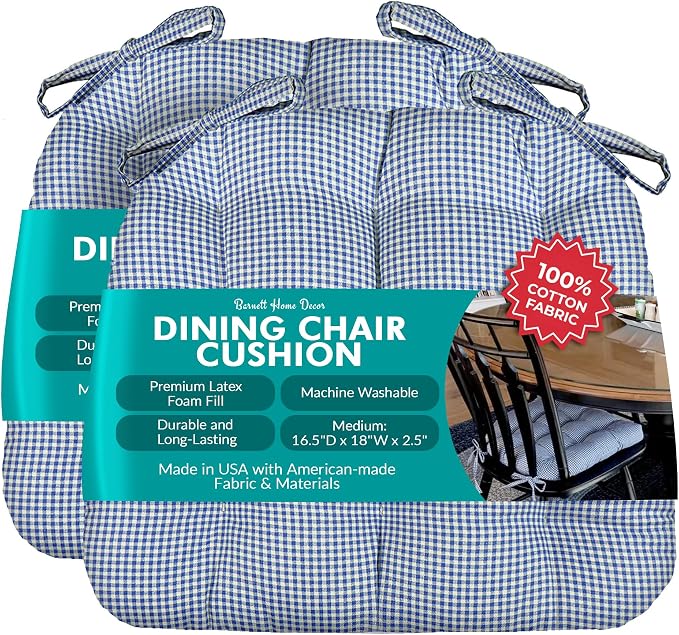 Barnett Home Decor Dining Chair Cushions with Ties – Size Medium 16.5 x 18 - Latex Foam Fill, 100% Cotton, Machine Washable Chair Pads for Kitchen Chairs, Made in USA (Madrid Navy Blue/Pack of 2) by BarnettHomeDecor