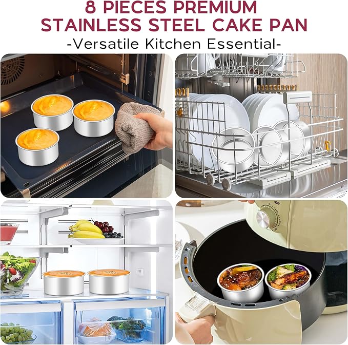 Onader 4 Inch Cake Pans Sets of 8 for Baking, Stainless Steel Mini Round Smash Cake Bake Pan, Small Size & Non Toxic for Birthday Wedding - Image 6