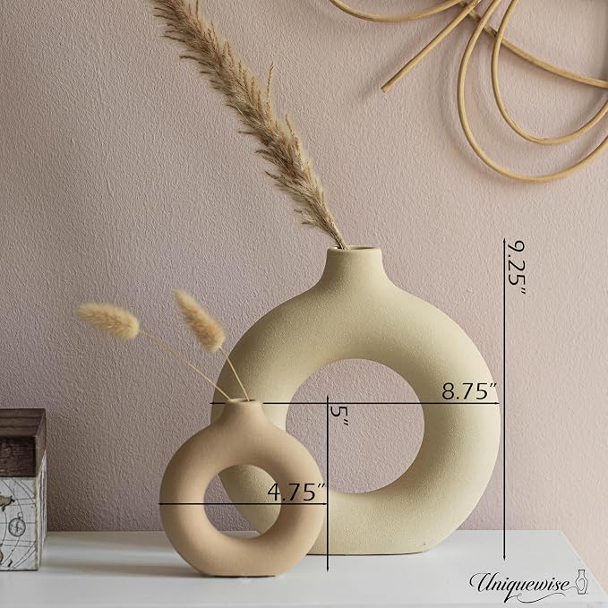 9-Inch Large and 5-Inch Small Decorative Hollow Ceramic Donut Table Vase - Handmade, Minimalist Boho Style for Modern Home Decor in Living Room, Home Office, Dining Room and Entryway Console Table - Image 2