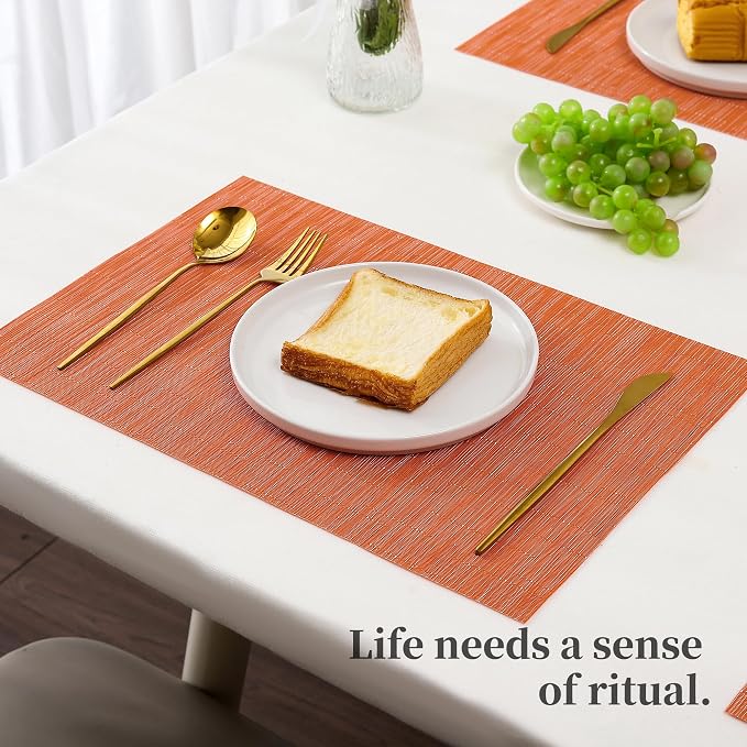 Leetaltree Orange Placemats Set of 8 - Heat Resistant Non-Slip Place mats for Dining Table, Washable Durable PVC Vinyl Woven Table Mats（Orange, 8） - Image 6
