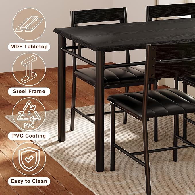 IRONCK Dining Table Set for 4, Black | Wood Kitchen Table with Upholstered Chairs for Kitchen Room and Small Spaces - Image 7