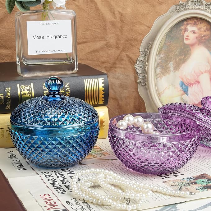 Joeyan 12 oz Small Blue Glass Jewelry Box Jars with Lid,Embossed Glass Candy Dishes,Diamond Faceted Food Container,Decorative Apothecary Canisters,Colored Kitchen Bathroom Buffet Storage Organizer - Image 3