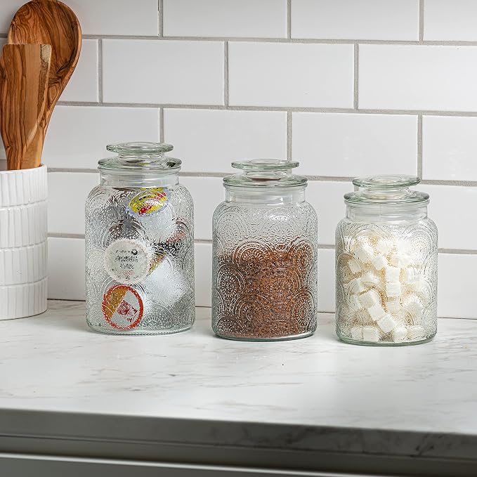 Le'raze Food Storage Containers with Airtight Lids - Retro Design - Pantry Organization, Glass Canisters Storage for Cookies, Tea, Sugar, Candy Jars, Sugar Packet, Set of 3 - Image 7