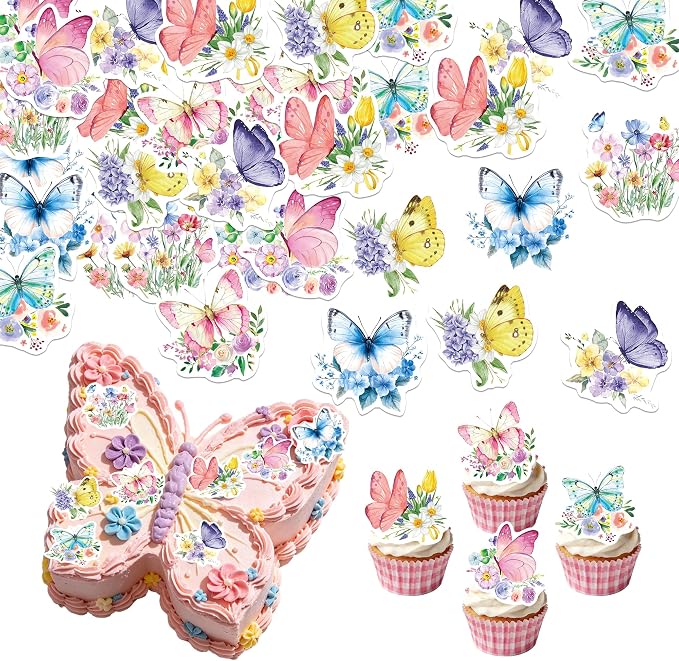 72Pcs Edible Butterfly Flower Cupcake Toppers Wildflower Cupcake Toppers Baby Shower Girl Butterfly Flower Floral Birthday Party Decoration Supplies by Unknown