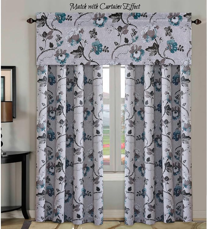 H.VERSAILTEX Blackout Curtain Valances for Kitchen Window/Living Room/Bathroom Privacy Added Rod Pocket Home Decoration Winow Valance, 52" W x 18" L, Floral in Grey and Teal - Image 8