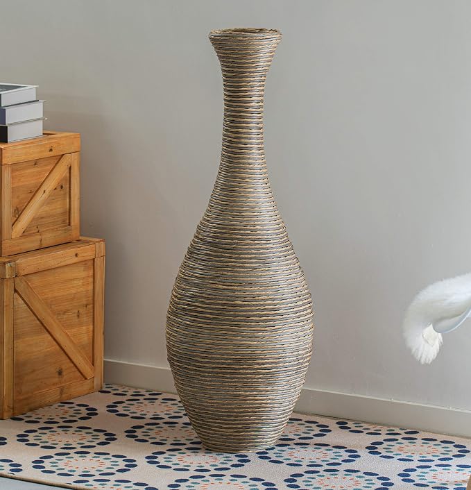 38-inch Tall Artificial Rattan Floor Vase in Elegant Beige - Statement Piece for Living Room Decor, Entryway, or Hallway - Versatile Home Accent for Dried or Silk Floral Arrangements - Image 5