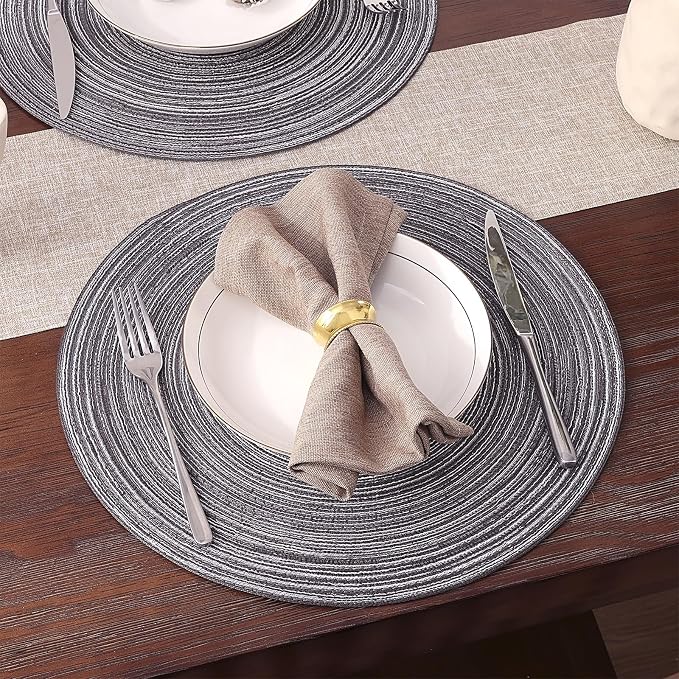 SHACOS Round Braided Placemats Set of 8 Round Table Mats for Dining Tables Non Slip Washable (Black Grey, 8) - Image 3