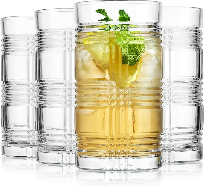 15.5 oz Highball Glasses Set of 4, Modern Ribbed Drinking Glasses, Clear Glass Tumblers for Water, Juice, Cocktails & Iced Tea, Heavy Base, Dishwasher Safe - Image 4