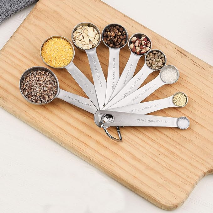 Measuring Spoons Set 9, 18/8 Metric & US Stainless Steel Measuring Spoons 1/8, 1/4, 1/2, 3/4, 1 tsp, 1/2, 2/3, 1 Tbsp, 4 Tsp. 1 Measurer Ingredient Leveler and 1 Locking Ring