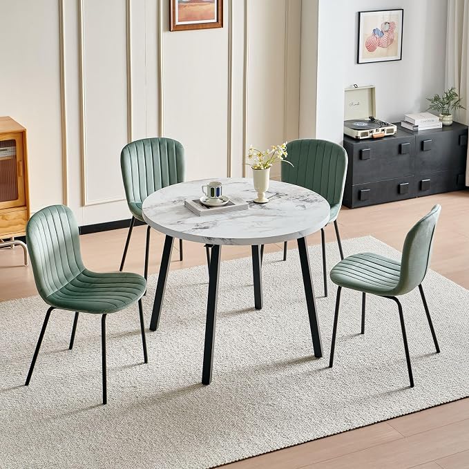 Small Round Dining Table Set for 4 People, 37" Modern Kitchen Table | 5-Piece Set, Faux White Marble MDF table, 4 Green Velvet Chairs, Easy Assembly, Space-saving, Fits Small Dining Room - Image 5