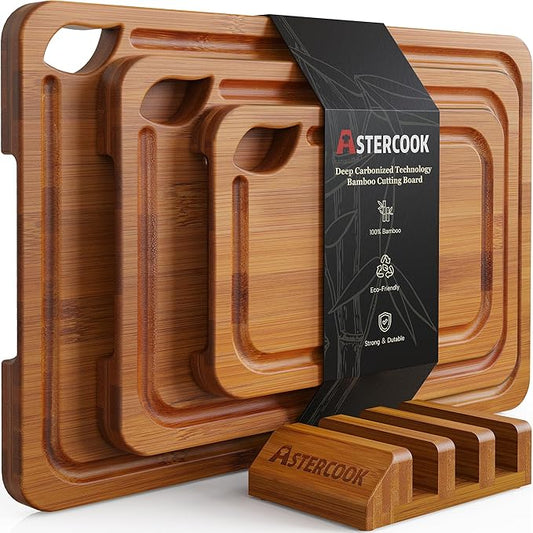 Astercook Deep-Carbonized Bamboo Cutting Boards for Kitchen with Wood Storage Stand, Reversible Charcuterie & Chopping Boards with Juice Grooves and Easy-Grip Handles, Fathers Day Gift for Men by Astercook
