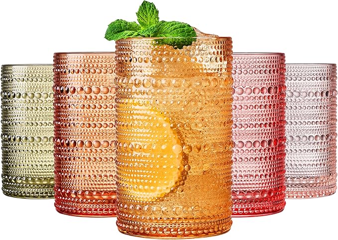 Khen Hobnail Beaded Highball Drinking Tumbler Glasses | Set of 5 | Color Vintage Bubble Design Whiskey Glassware, Old-Fashioned Embossed Design, Water, Wine, Cocktail, Heavy Glass Rocks Glass by Khen