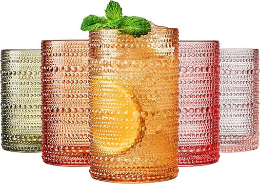 Khen Hobnail Beaded Highball Drinking Tumbler Glasses | Set of 5 | Color Vintage Bubble Design Whiskey Glassware, Old-Fashioned Embossed Design, Water, Wine, Cocktail, Heavy Glass Rocks Glass by Khen