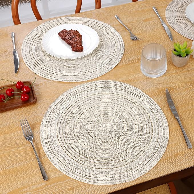 SHACOS Round Braided Placemats Set of 4 Washable Table Placemats Cotton Polyester Place Mats 15 inch Circle Table Mats for Holiday Party (Ivory, 4) - Image 4