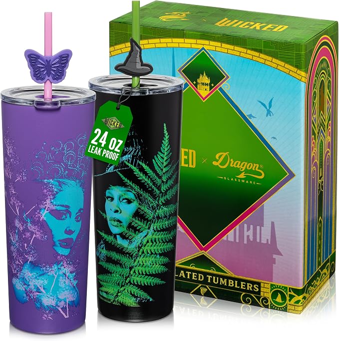 Dragon Glassware x Wicked: For Good Stainless Steel Tumbler, 24 oz 2-Pack | Set of 2 Vacuum Insulated Stainless Steel Wicked Cups with Lids & Straws; With Straw Charm; Official Wicked Merch by DragonGlassware
