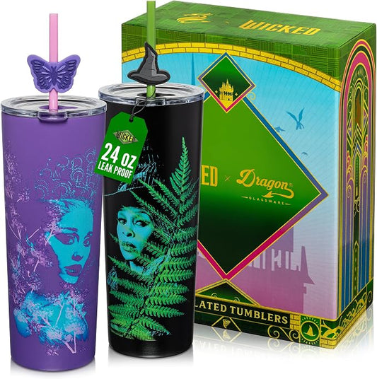 Dragon Glassware x Wicked: For Good Stainless Steel Tumbler, 24 oz 2-Pack | Set of 2 Vacuum Insulated Stainless Steel Wicked Cups with Lids & Straws; With Straw Charm; Official Wicked Merch by DragonGlassware