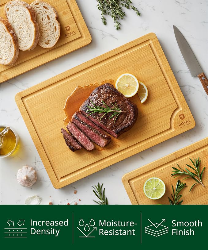 ROYAL CRAFT WOOD Wooden Cutting Boards for Kitchen Meal Prep & Serving - Bamboo Wood Serving Board Set with Deep Juice Groove Side Handles - Charcuterie & Chopping Butcher Block for Meat - Image 4