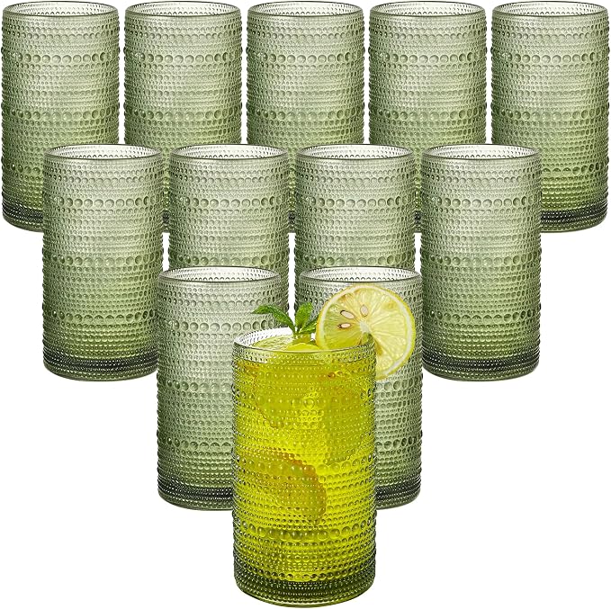 16oz Green Hobnail Drinking Glasses with Straws Set of 12, Highball Glasses Cups, Kitchen Water Glasses Cup, for Cocktail, Juice, Whiskey, Milk and Various Mixed Drinks by HEFBCOMK