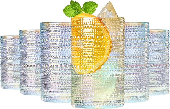 Hobnail Beaded Highball Drinking Tumbler Glasses | Set of 6 | Iridescent Pearl Vintage Bubble Design Glassware, Old-Fashioned, Embossed Design, Water, Wine, Cocktail Embossed Heavy Glass, Rocks Glass by Khen