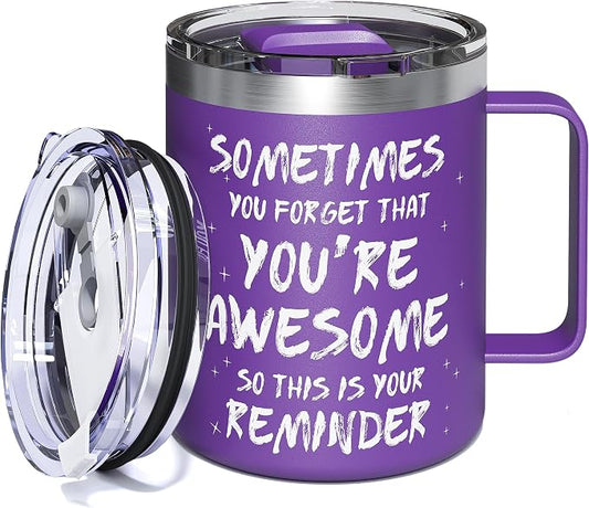 Inspirational Coffee Mug for Women, 12oz Insulated Stainless Steel Mug with Handle & 2 Lids – Sometimes You Forget You’re Awesome, Birthday & Appreciation Gift for Friend, Coworker, Purple by avodvo