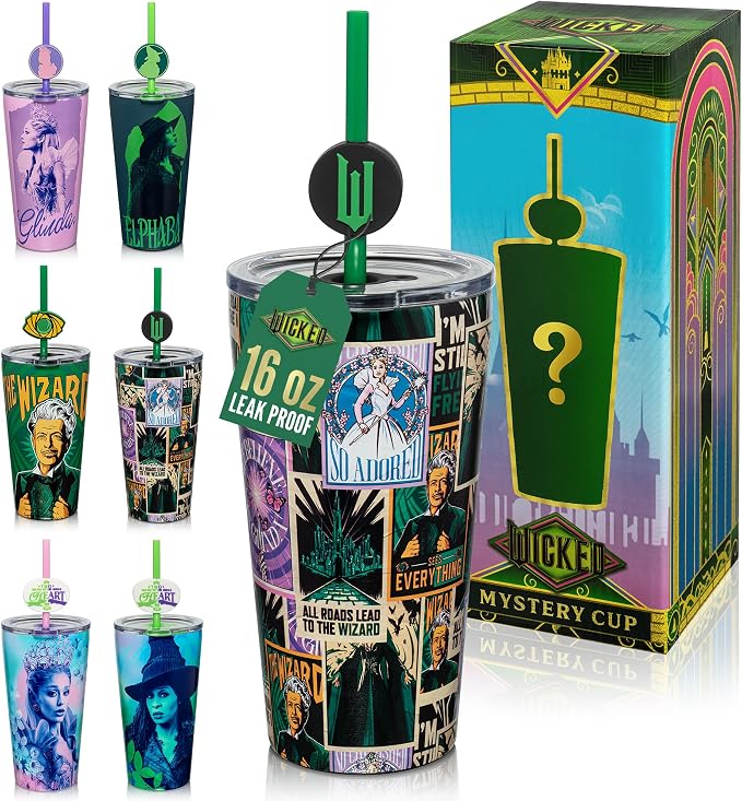 Dragon Glassware x Wicked: For Good Blind Box Tumbler with Straw, 16 oz | Vacuum Insulated Stainless Steel Wicked Cup with Lid & Straw; With Straw Charm; 6 Collectible Designs; Official Wicked Merch by DragonGlassware