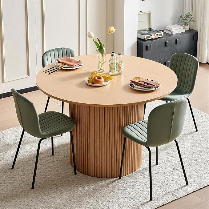 5 Piece Round Dining Table Set for 4, Mid Century Modern Wooden Kitchen Table and Chairs, Space-Saving Small Dinette Set (47 Inch Oak Table+4 Green Chairs) - Image 2