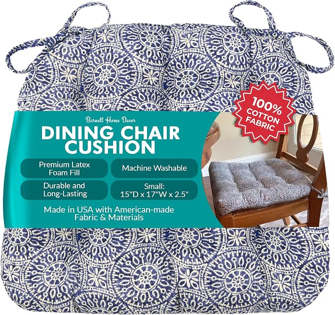 Barnett Home Decor Tibet Blue Dining Chair Pad with Ties - 15 x 17 Size Small Chair Cushion - Latex Foam Fill - Machine Washable, Reversible, 100% Cotton, Made in USA (Mandalas - Navy) by BarnettHomeDecor