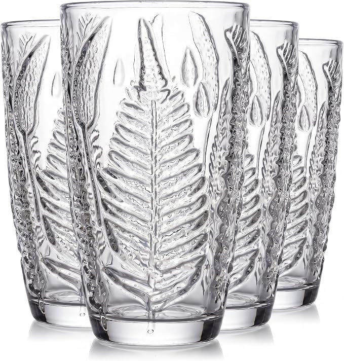 Clear Drinking Glasses Set of 4, 16 oz Glass Cups, Vintage Fern Glassware | Hand-Pressed, Dishwasher Safe, Boho Leaf-Textured Drinkware, Decorative Embossed Highball Tumblers for Water, Retro Kitchen by QELVIO
