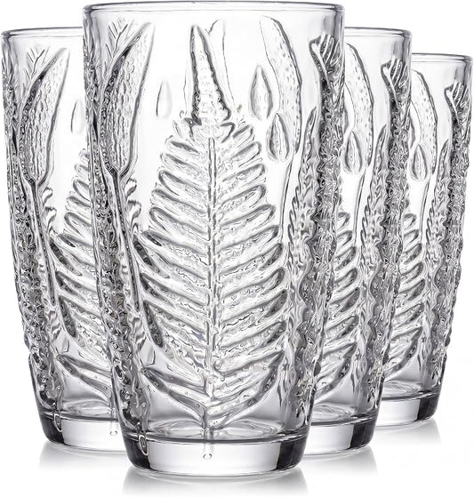 Clear Drinking Glasses Set of 4, 16 oz Glass Cups, Vintage Fern Glassware | Hand-Pressed, Dishwasher Safe, Boho Leaf-Textured Drinkware, Decorative Embossed Highball Tumblers for Water, Retro Kitchen by QELVIO