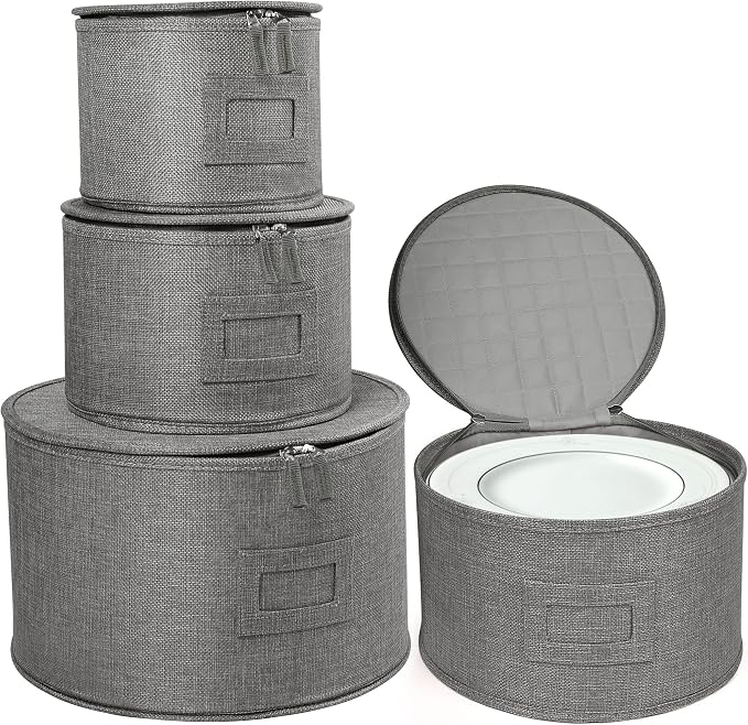 LotFancy China Storage Containers, Hard Shell, 4PCS Set, Dish Saucer Plate Storage Box for Moving, Stackable Dinnerware Organizer Bins with 48 Felt Dividers, Grey - Image 9