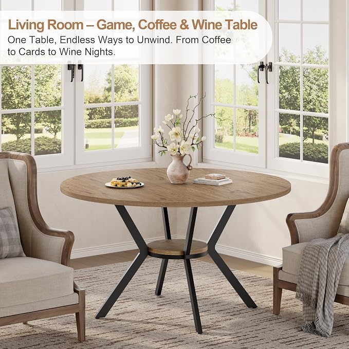 MECHYIN 42" Round Dining Table for 2-4, Farmhouse Kitchen Table with Storage, Space Saving Circle Dinner Table, Rustic Light Wood Kitchen & Dining Room Tables with Metal Legs for Kitchen, Dining Room - Image 6