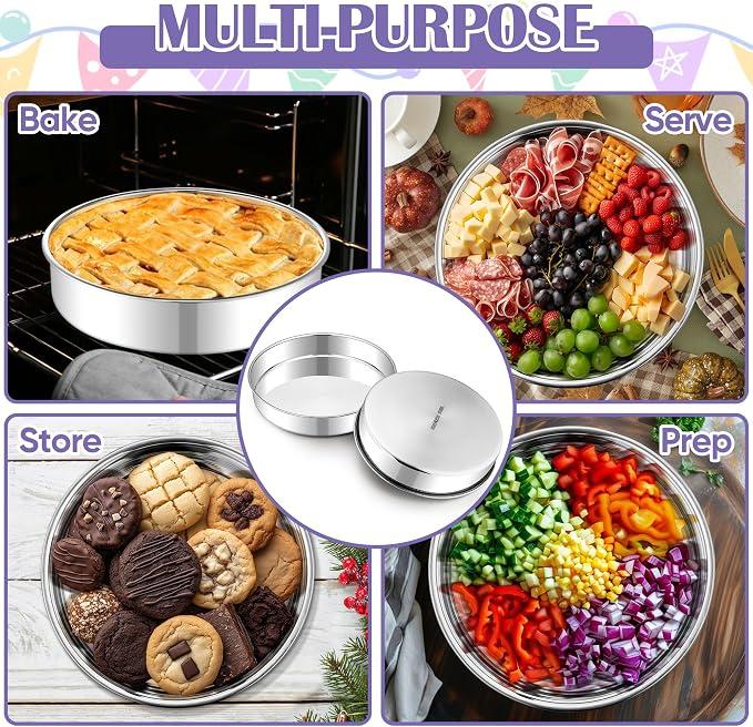E-far 9 Inch Round Cake Pan, 2-Piece Stainless Steel Round Baking Mold Tins - Non-Toxic & Leak-Proof for Birthday Wedding Layer Tiered Cake, Easy Clean & Dishwasher Safe - Image 4