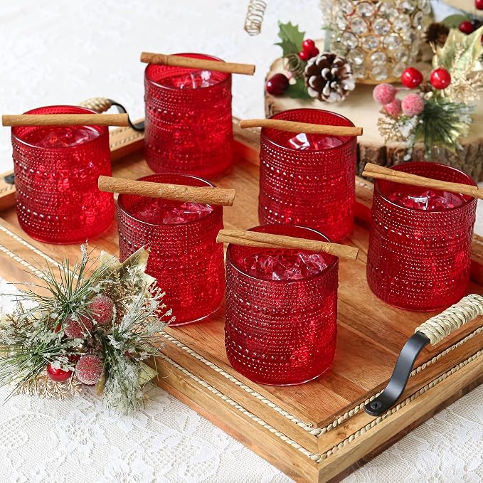 Kate Aspen Retro Arch Floral Red Drinking Glasses Set of 6, 10 oz Vintage Ribbed Glass Cups, Christmas Glassware & Holiday Drinkware, Valentine’s Day & Holiday Hostess Gift - Image 8