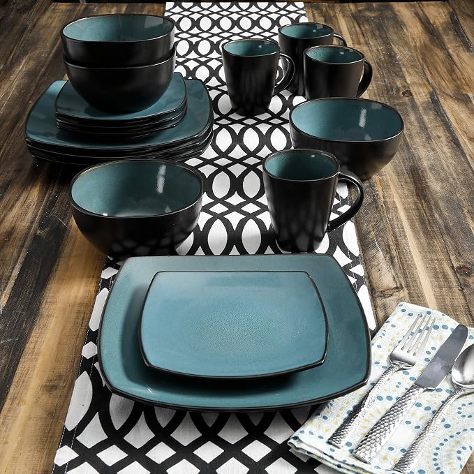 Gibson Elite Soho Lounge 16-Piece Reactive Glaze Dinnerware Set – Teal and Black Tutone Stoneware Plates and Bowls - Image 9