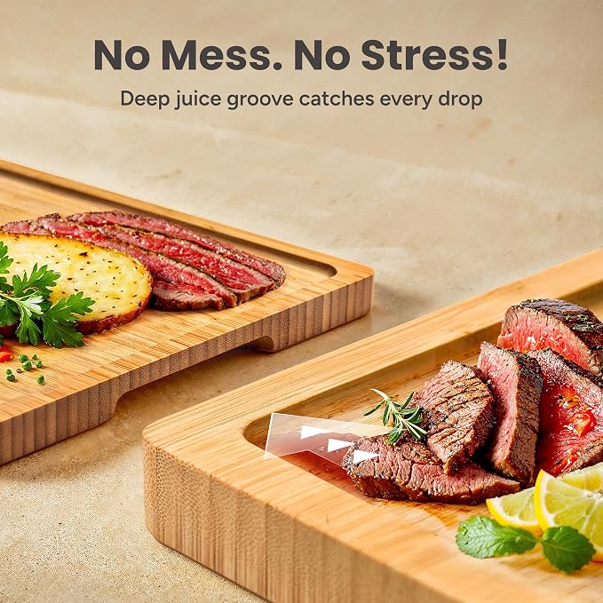 SMIRLY Cutting Boards for Kitchen, 3 Piece Bamboo Cutting Board with Stand | Non Toxic Wooden Cutting Board with Juice Grooves and Handles, Multiple Sizes Chopping Boards for Meat Vegetable Charcuterie - Image 7