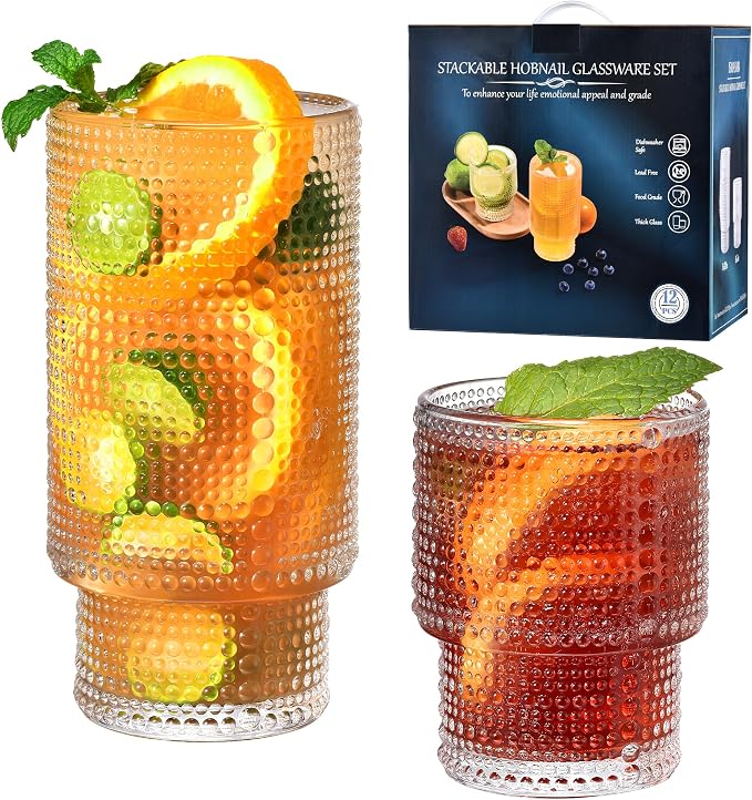 ISMASOAN Hobnail Drinking Glasses Set of 12, Stackable Glasses 12 oz & 7 oz | Beaded Drinking Glasses with vintage bubble texture. Gift-ready highball cups for water, juice, cocktails and everyday drinks by ISMASOAN
