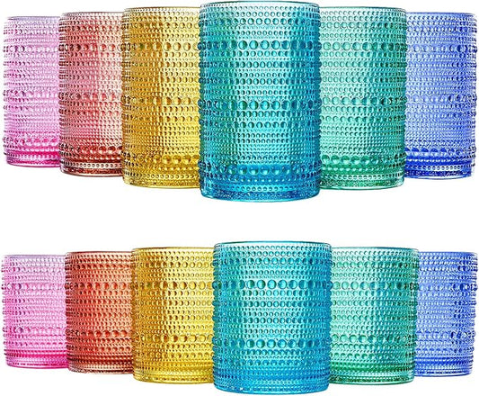 Khen Hobnail Beaded Highball Drinking Tumbler Glasses | Set of 12 | Color, Vintage Bubble Design Whiskey Glassware, Old-Fashioned, Embossed Design for Water, Wine, Cocktail Embossed, Rocks Glass by Khen