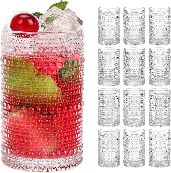 Moretoes Large 15oz Hobnail Drinking Glass Set of 12 | Clear Vintage Glassware,Embossed Glass Cups,Water Tumbler,Highball Glasses For Beer, Juice And Various Mixed Drinks by Moretoes