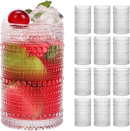 Moretoes Large 15oz Hobnail Drinking Glass Set of 12 | Clear Vintage Glassware,Embossed Glass Cups,Water Tumbler,Highball Glasses For Beer, Juice And Various Mixed Drinks by Moretoes